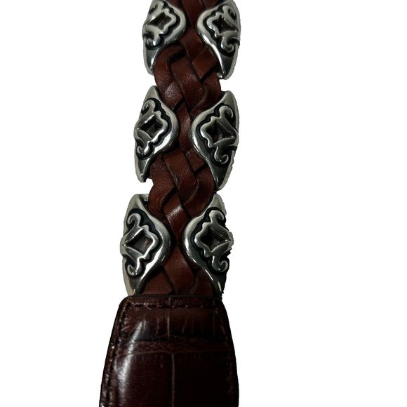 Vintage 1996 Brighton Brown Embossed Leather Belt Sz S Silver Metal Edges Buckle - Picture 4 of 15